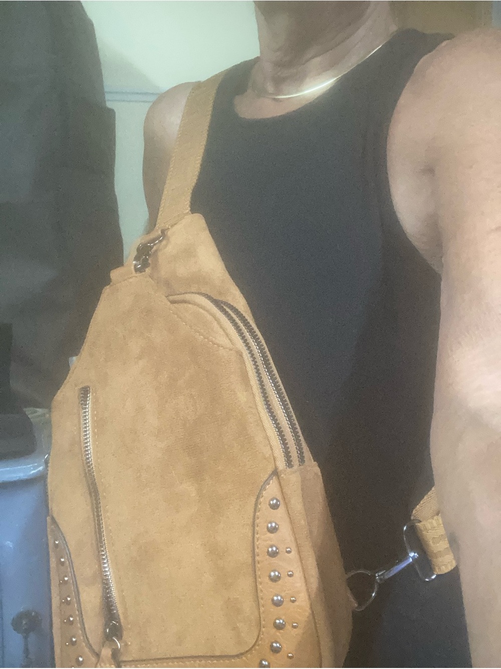 Suede Sling Belt Bag in Brown with Stud Detail - Picture 4 of 4